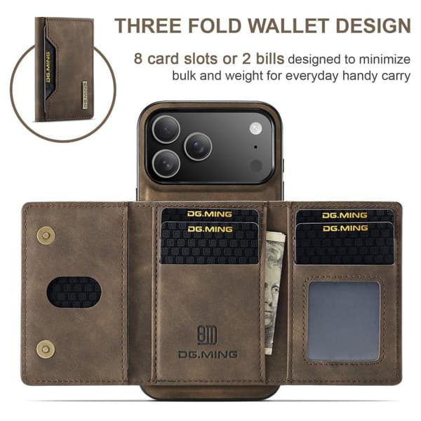 iPhone 17 Pro Max Skinnveske DG.MING M2 Series 3-Fold Kortlommebok Kaffe