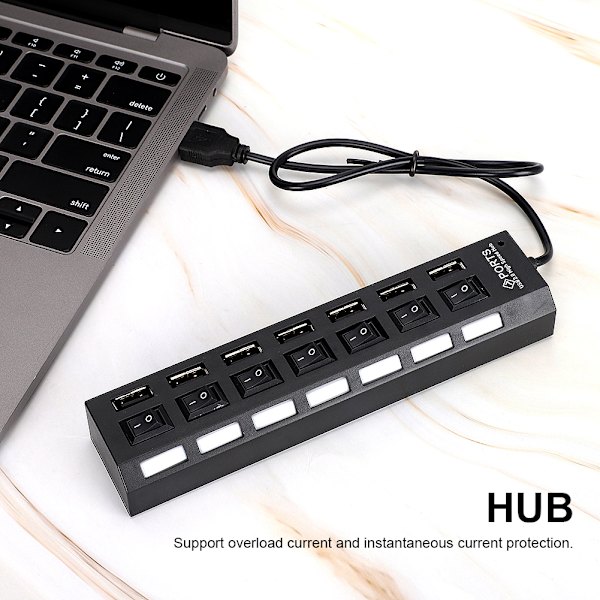 7-Port Hub USB Docking Station Sort 480mbps med Switch til Overbelastningsstrømsbeskyttelse 7 Porte Sort