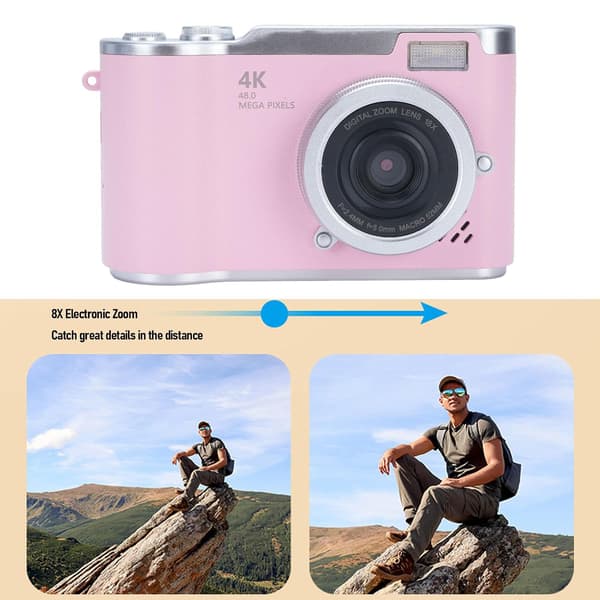 This high-resolution digital camera features a 2.4-inch high-definition rotatable screen and a built-in LED fill light, making it suitable for teenagers. Pink