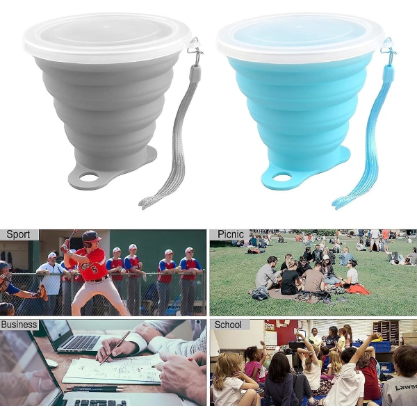 Sammenklappeligt silikone rejsekopsæt - BPA-fri bærbare kaffekrus med plastiklåg - Udtrækkelige tumblere til picnic, camping, vandreture udendørs