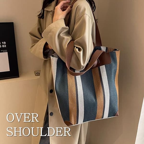 Bag - Large Work Bag for Women - Canvas Shoulder Bag - Laptop Compartment - Ample Storage - Office & Daily Use - Striped