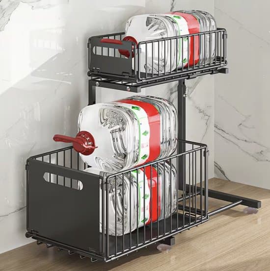 Two-tier pull-out cabinet organizer - adjustable kitchen shelf - under-sink storage system with drawers - for spices and kitchen accessories