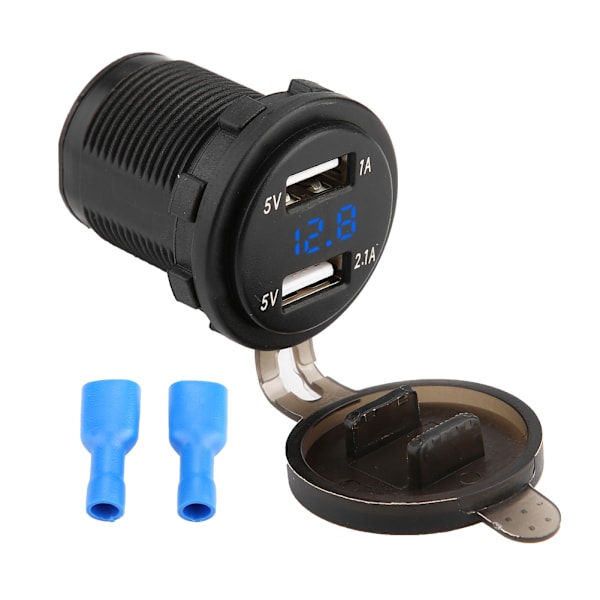3.1A Dobbel USB Bil Lader Strømadapter med Voltmeter DC 12V (Blå)