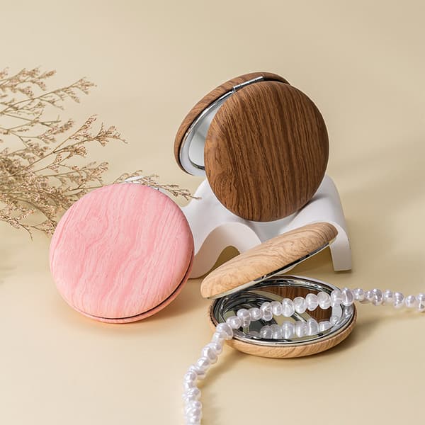 Portable Makeup Mirror with Wood-Grain PU Surface and Double-Sided High-Definition Mirror, Superior Quality