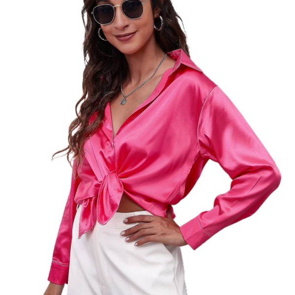 Eksplosiv satengskjorte dames sateng-simuleringssilke langermet skjorte Rose XL