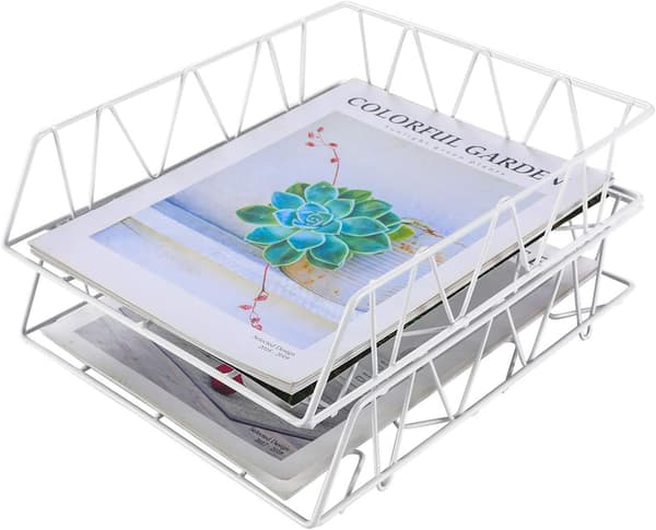 2-Tier A4 Letter Trays Metal Stackable Office Desk Organization Shelf File Holder Magazine Rack Paper Organizer White White