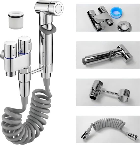 Bidet sæt i rustfrit stål – Manuel bidet bruser – Skylleflaske – Sølv