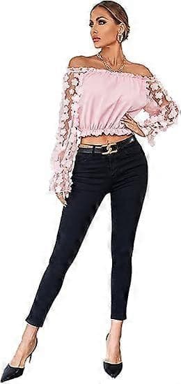 Dame Off Shoulder Blomstret Mesh Langærmet Flæsekant Crop Bluse Top