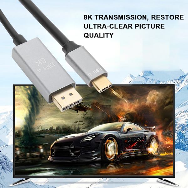 Type C - Displayport 8K 1.4 HD -videokaapeli, ääni- ja videonsiirto, synkronoitu ulostulokaapeli MacBookille, 1 metri / 3,28 jalkaa
