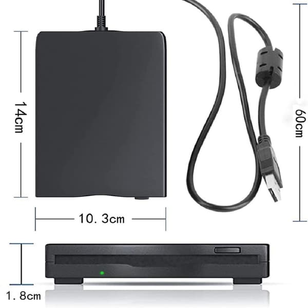 Bärbar diskettenhet, kompatibel med 1,44 MB disketter för att läsa och skriva data. Extern USB-diskettenhet