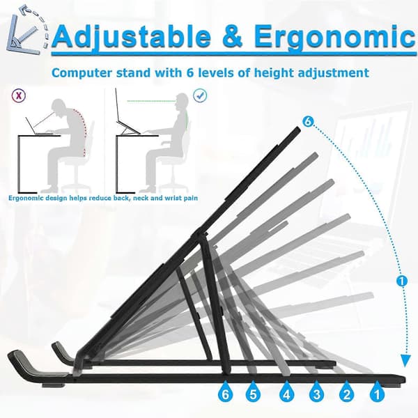 Laptop Stand 6 Levels Adjustable Foldable Grey Laptop Stand, Aluminum Ventilated Desk Cooling Stand, Portable Ergonomic Notebook Riser