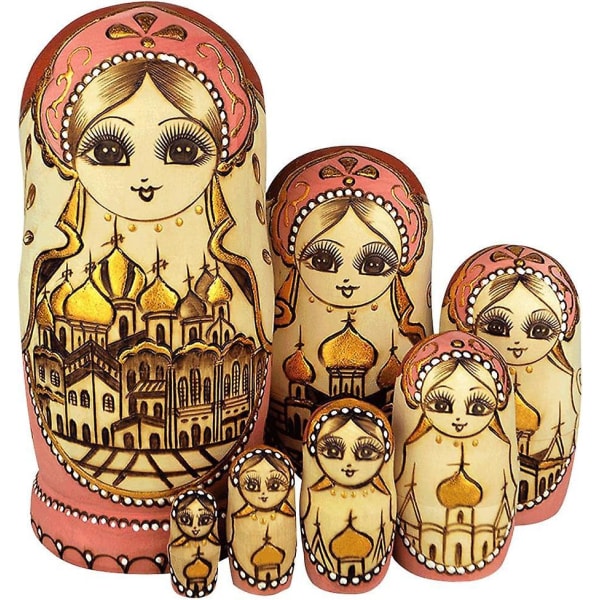 7-delt håndlagde serie russiske matryoshka-hekkedukker i malt tre