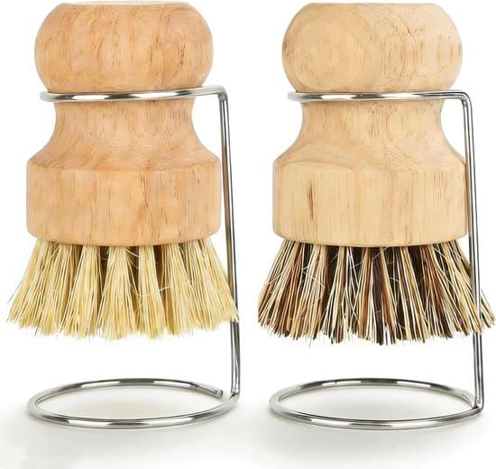 Dish Brush Set - 2 Bamboo and Palm Brushes, with 2 Drainage Racks - 5.5 x 8 cm