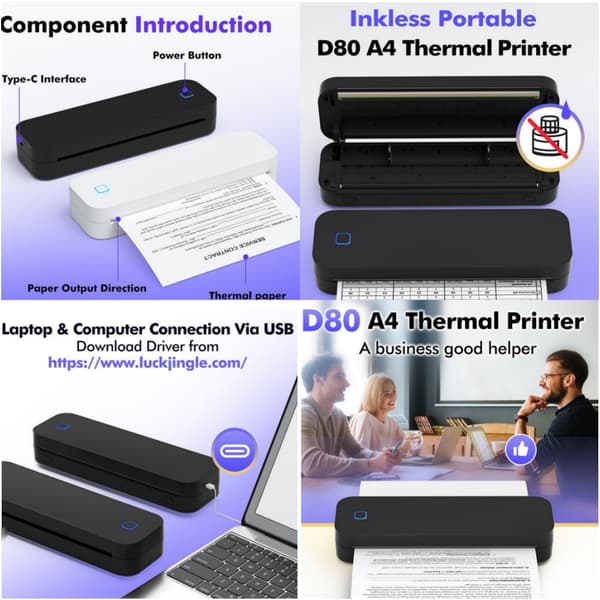 A4 Mini Bærbar Termoprinter - Bluetooth & USB-C, Blækfri Udskrivning, Kompatibel med Smartphones og Computere, D80, Sort