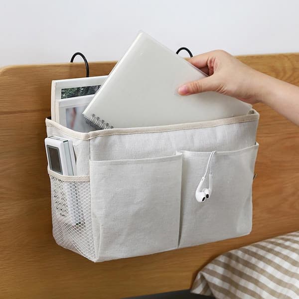 1 Piece (White) Bedside Caddy, Waterproof Canvas Bed Shelf Organizer Bed Hanging Storage Basket, Bedside Pocket for Home Office School
