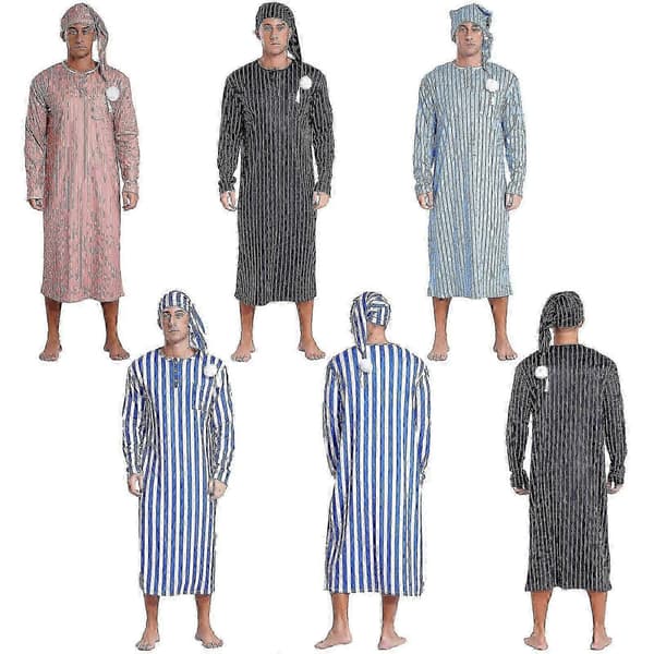 Henley Nattlinne för män Randig Stor Långärmad Nattlinne med Nattmössa light blue M