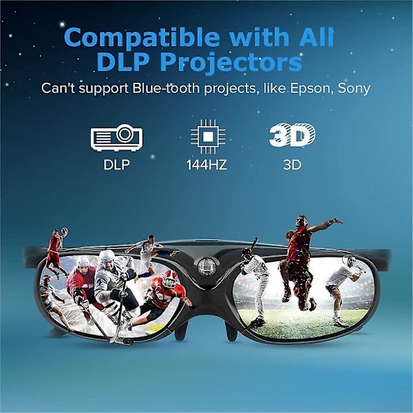 3D-lasit - Ladattavat 3D-aktiiviset suljinlasit kaikille All-Link 3D-projektoreille (musta, 1 pakkaus) - Yhteensopiva BenQ:n ja Optoma:n kanssa