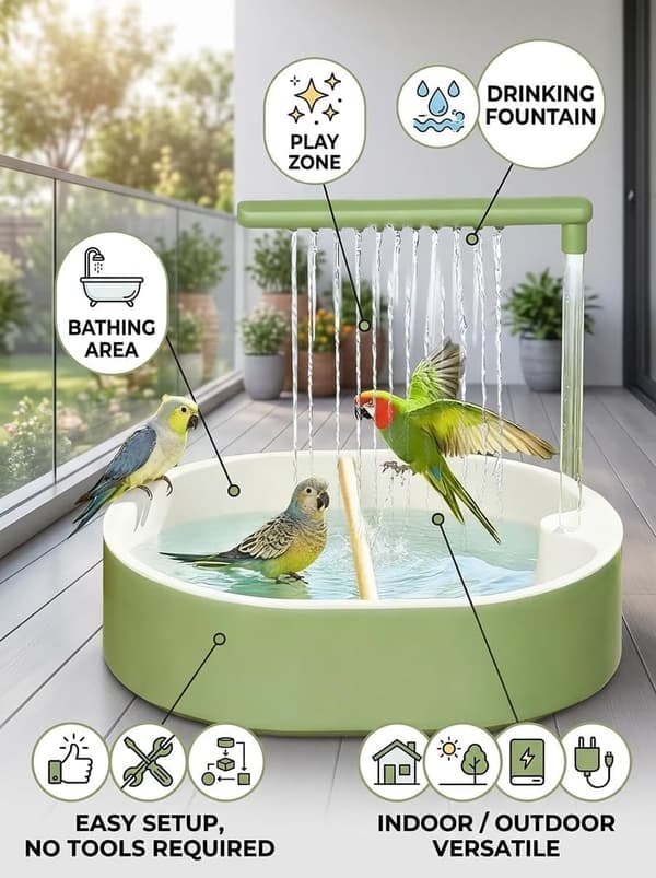 Fuglebad – Fuglekar og automatisk bruser til papegøjer, parakitter, conures, finker og undulater.