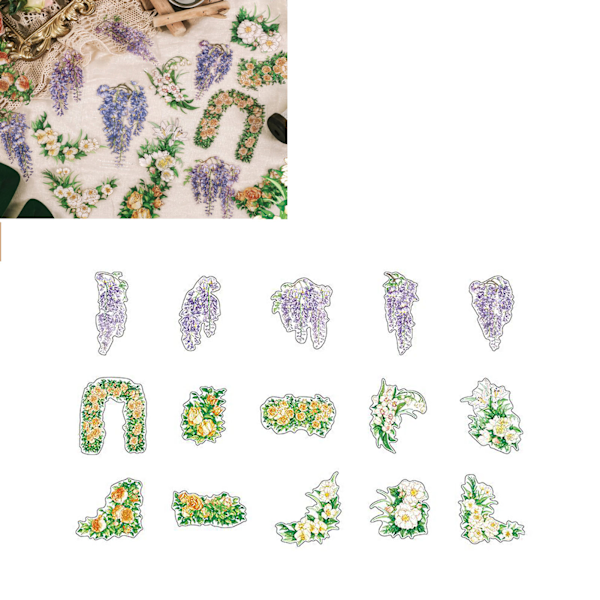 15 stk. blomsterklistermærker udsøgte blomstermønstre PET DIY dekorative klistermærker til scrapbog notesbog fotoalbum type3