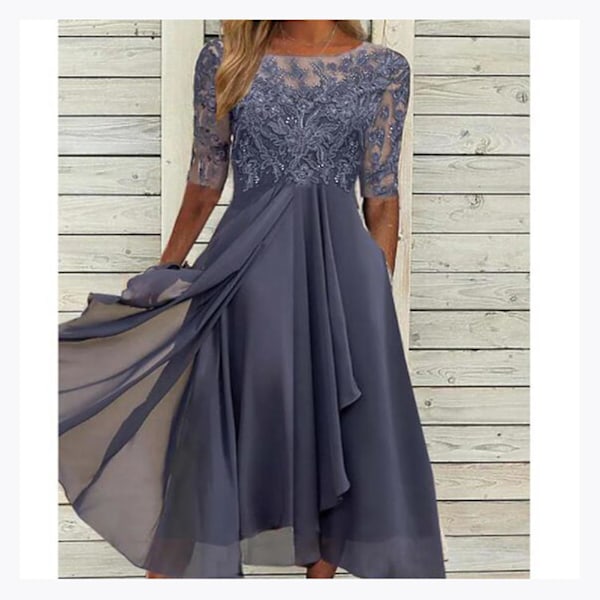 Elegant Lace Appliques Midi Dress for Wedding or Evening S Purple