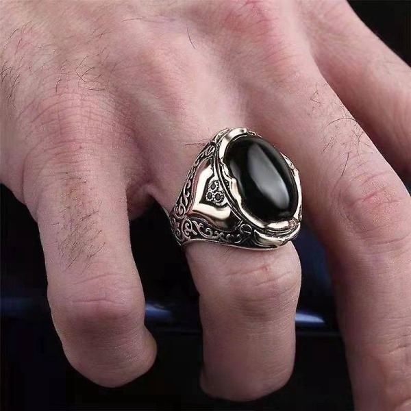 Personlig retro dobbeltfarvet mænds ringe - 5-delt sæt (størrelse 10), sort agat - perfekt gaveindstilling