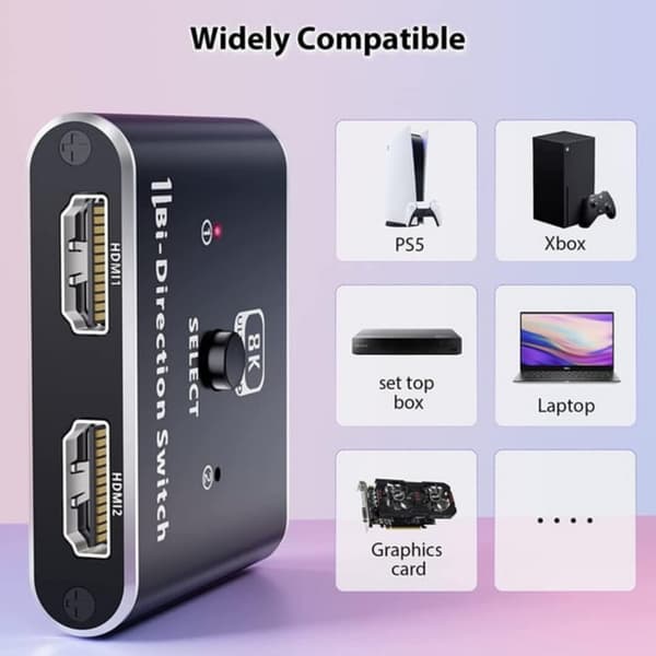 8K60Hz HDMI-switch 2 til 1 og splitter 1 til 2 4K120Hz 48Gbps
