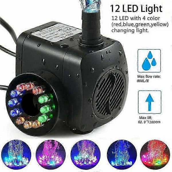 Dykbar springvandspumpe med 12 farverige LED-lys