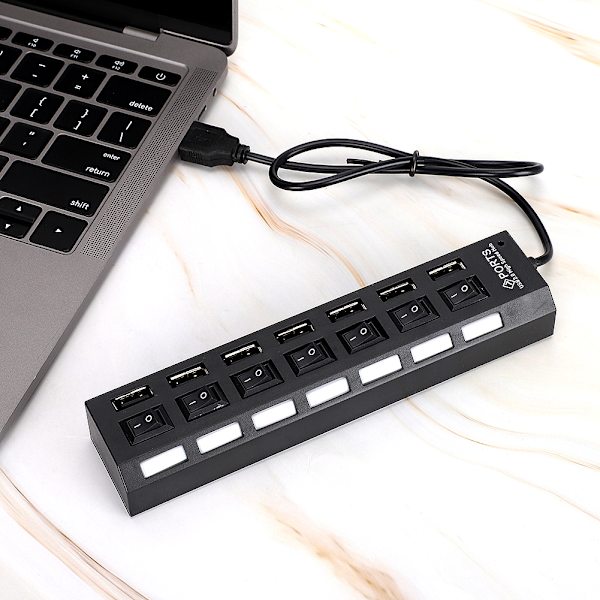 7-Portars USB Hub Dockningsstation Svart 480mbps med Strömbrytare för Överbelastningsskydd 7 Portar Svart