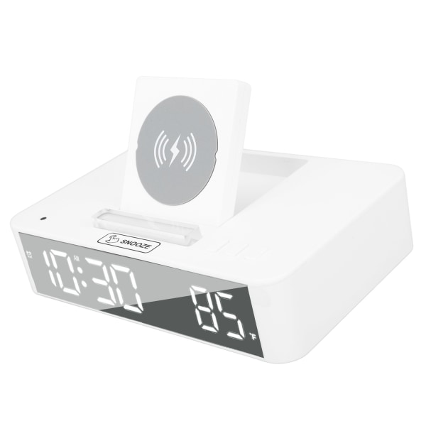 10W Digital Vekkerklokke Ett-Knapps Løfte LED Speil Elektronisk Klokke med 10W Trådløs Lading for Soverom Kontor Hjem EN001 Hvit