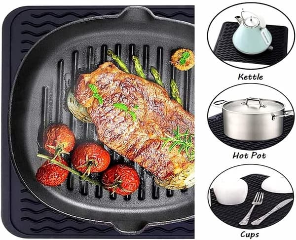 Large Silicone Dish Drying Mat, Dish Mat, Pot Holder, Heat Resistant Kitchen Accessory, 45×40 cm (Black)