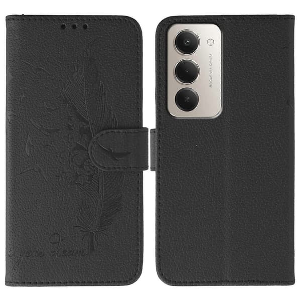 TKdaddy Case for Xiaomi Redmi 15 5G Feather Print PU Leather Wallet Case Black