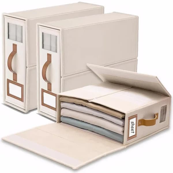 Foldable Sheet Organizers and Storage - Large Size Linen Fabric with Window and Label, Under Bed Storage Box 3-Pack for Sheets