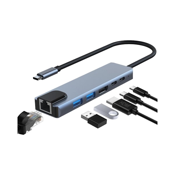 USB-C multifunktionsadapter, 6-i-1 Type-C docka