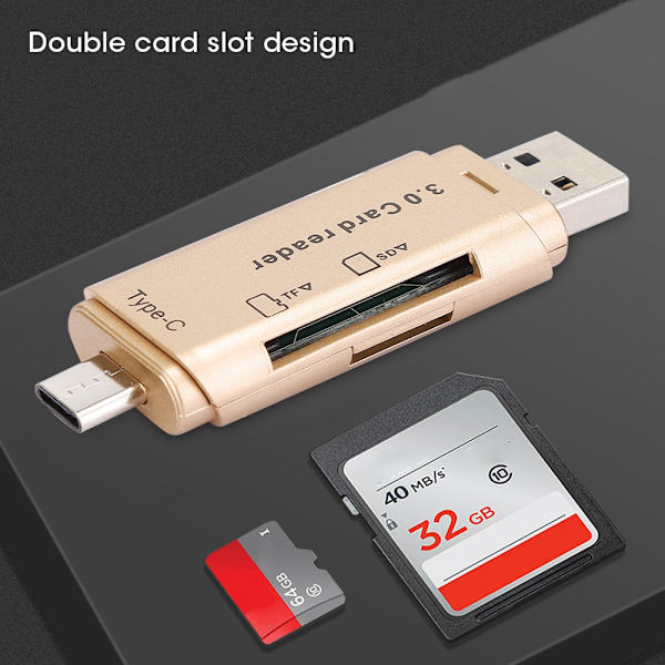 Kortlæser Mobiltelefon Computer Multi Funktion Opbevaring Bærbar Konverter Hukommelse USB3.0 (Gylden)