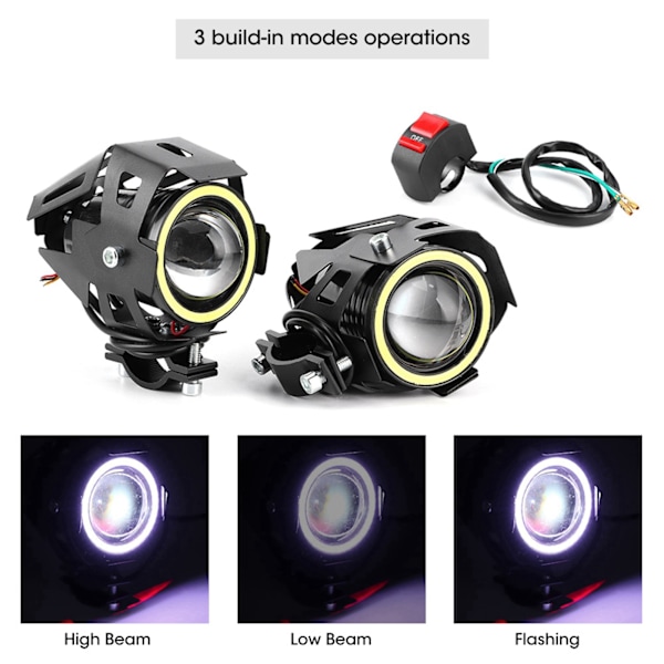 2 stk. 12V 30W 3000lm U7 LED Angel Eyes Spotlight Hvidt Lys IP68 Motorcykel Forlygte med Afbryder