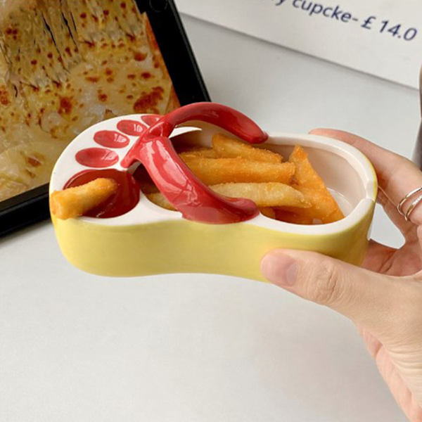 Keramisk pommes frites-fat, søte flip-flops, pommes frites-tallerken, søt keramisk bolle, flip-flops-formet snack-chips, soyasaus-serveringsfat, bolle, tallerken, rød