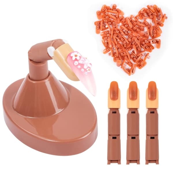 Acrylic Nail Practice Finger, 3 Artificial Finger Models with 1 Finger Base and Brown Nail Tips, Flexible Training Finger for Nail Practice