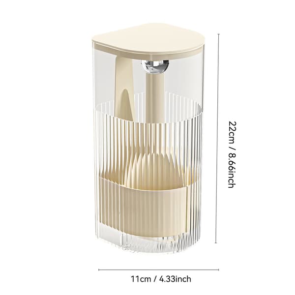 Makeup Brush Holder with Lid, with a One-Hand Push Button Opening for Easy Access to Makeup Tools.