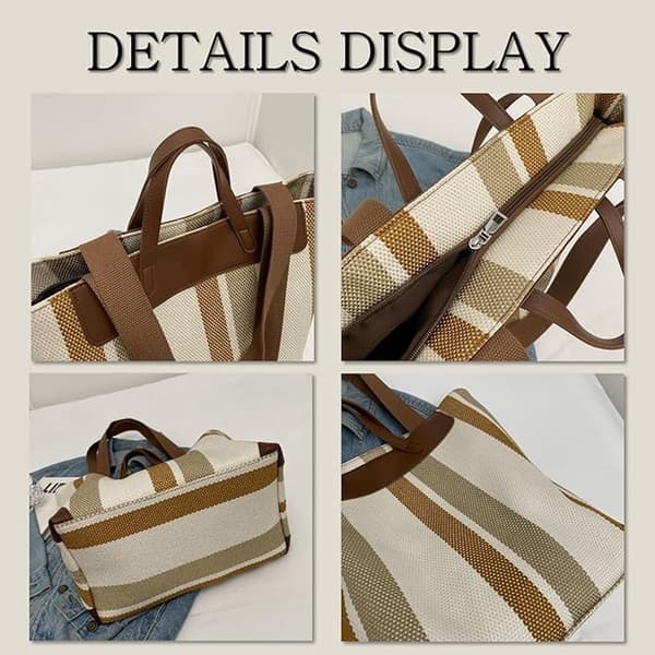Bag - Large Work Bag for Women - Canvas Shoulder Bag - Laptop Compartment - Ample Storage - Office & Daily Use - Striped
