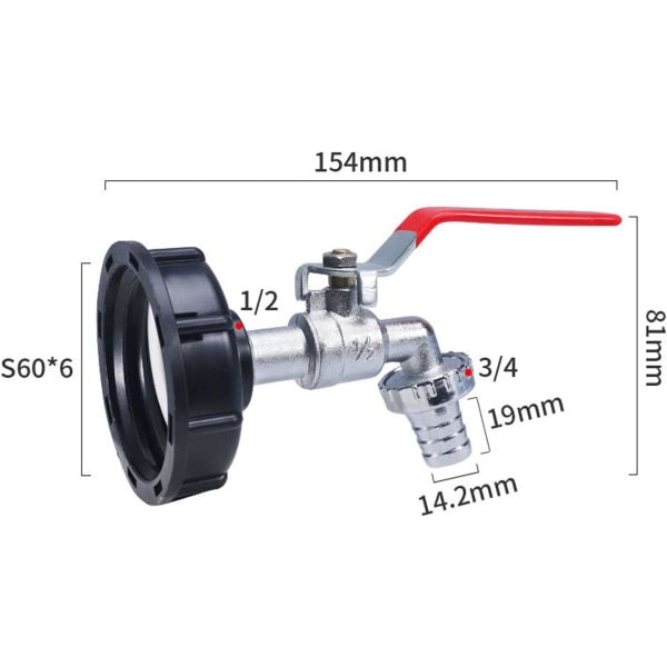 IBC-säiliösovitin 1/2" kierreliitin, hana 1000L säiliöhana