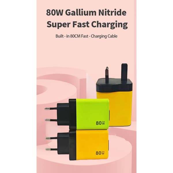 80W GaN oplader kompatibel med Apple og Android telefoner og tablets, grøn