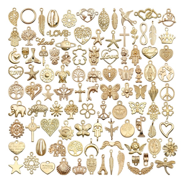 100 st Halsband Hänge Tillbehör Gyllene legering DIY Guld Crafting hänge för smyckestillverkning