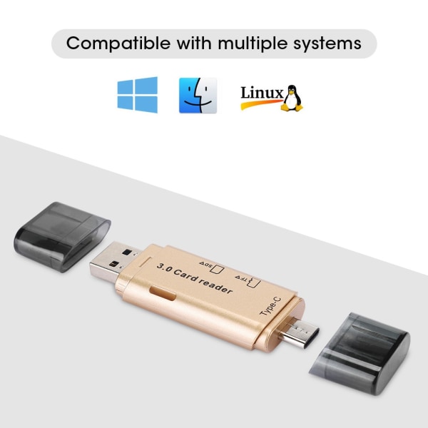 Kortläsare Mobiltelefon Dator Multifunktionell Lagring Bärbar Konverterare Minne USB3.0 (Gyllene)