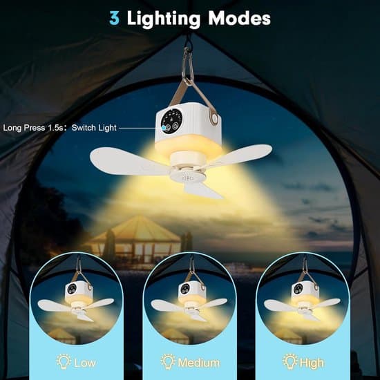 Tent Fan - Portable Ceiling Fan - 4 Speeds Quiet - Dimmable LED Lamp - 7200mAh Battery - Remote Control with Timer - For Camping Tent RV