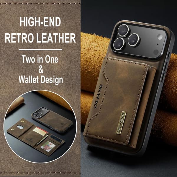 iPhone 17 Pro Max Skinnveske DG.MING M2 Series 3-Fold Kortlommebok Kaffe