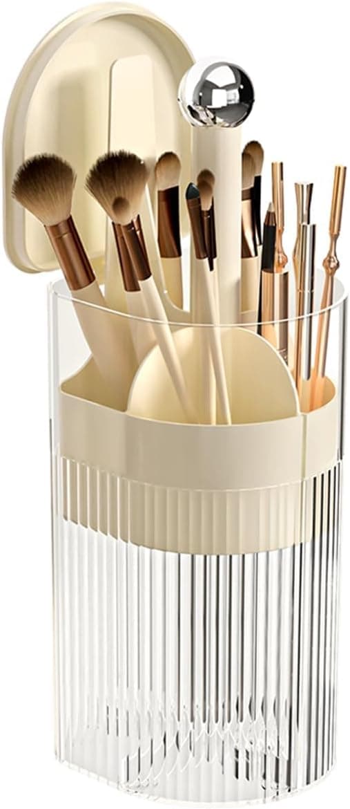 Makeup Brush Holder with Lid, with a One-Hand Push Button Opening for Easy Access to Makeup Tools.