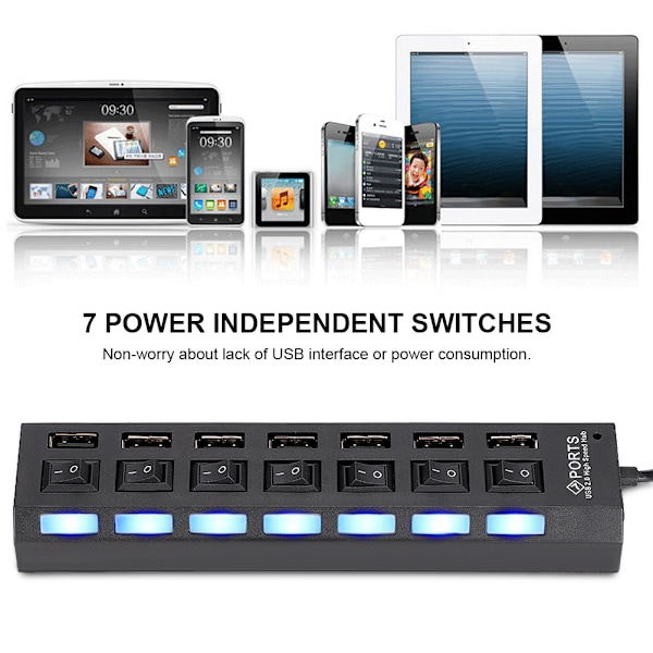 7-Port Hub USB Docking Station Sort 480mbps med Switch til Overbelastningsstrømsbeskyttelse 7 Porte Sort