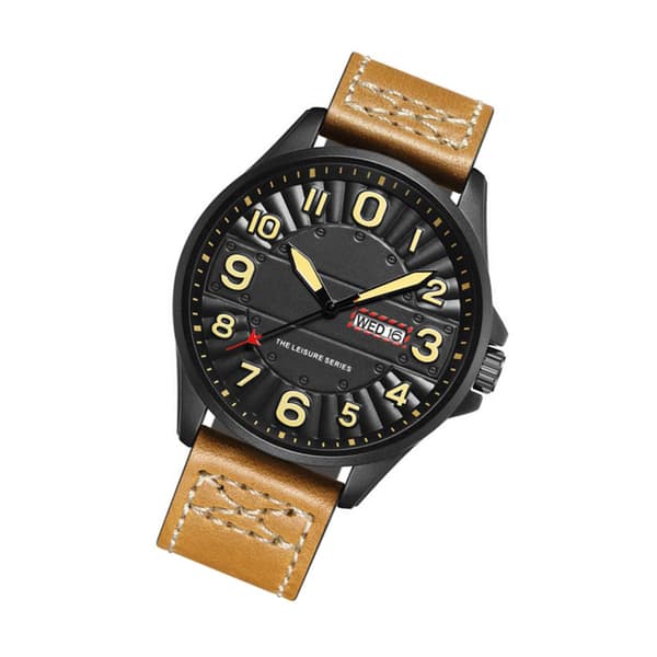 Mænd Dobbelt Kalender Vandtæt PU Læder Quartz Ur Afslappet Mode Armbåndsur (Sort khaki)