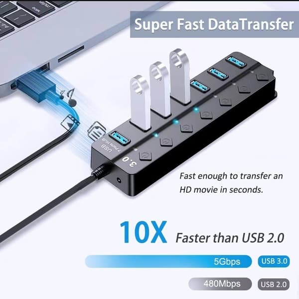 USB 3.0-hub, 7-porters USB-datahub-splitter, USB-forlenger