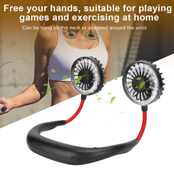 Pelikäyttöön sopiva handsfree-tuuletin, USB-ladattava, kaulaan ripustettava tuuletin, 3 säädettävää nopeutta (Musta)